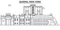 Queens, New York architecture line skyline illustration. Linear vector cityscape with famous landmarks, city sights Royalty Free Stock Photo