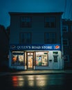 Queens Road Store vintage sign at night, St. Johns, Newfoundland and Labrador, Canada