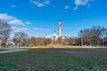 Queensbridge Park in Long Island City Queens New York with Open Space and Smoke Stacks from a Power Plant Royalty Free Stock Photo