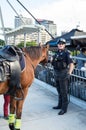 Queensland mounted policeman beside his horse in Brisbane.