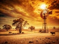 Queensland Outback Drought of the Past A Grim but Enduring Landscape Dry Windmill and Cattle Reflecting a Challenging Royalty Free Stock Photo
