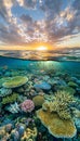 Queensland s great barrier reef coral ecosystem at sunset, underwater view in golden hour Royalty Free Stock Photo