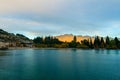 Queenstown New Zealand famous resort town in Otago and iconic mountain range the Remarkables at sunset