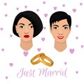 Queer Wedding. Couple of newly married lesbian brides. Beautiful bride heads adorned with pink hearts and pair of