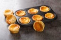 Queijadas or Queijadinhas, little Portuguese cheesecakes made with Queijo Fresco close-up in a baking dish. Horizontal