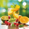 Quenching summer thirst: vibrant fruity drinks on ice, a refreshing blend of citrus, tropical flavors, and coolness for