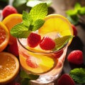 Quenching summer thirst: vibrant fruity drinks on ice, a refreshing blend of citrus, tropical flavors, and coolness for