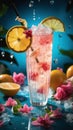 Quenching summer thirst: vibrant fruity drinks on ice, a refreshing blend of citrus, tropical flavors, and coolness for