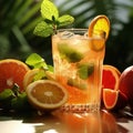 Quenching summer thirst: vibrant fruity drinks on ice, a refreshing blend of citrus, tropical flavors, and coolness for