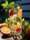 Quenching summer thirst: vibrant fruity drinks on ice, a refreshing blend of citrus, tropical flavors, and coolness for