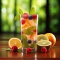 Quenching summer thirst: vibrant fruity drinks on ice, a refreshing blend of citrus, tropical flavors, and coolness for