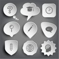 query sign, graduation cap, clock, magnifying glass, pencil, chat symbol, globe, human brain.