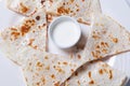 Quesadilla with beef and chicken on a white plate. quesadilla and sauce. Royalty Free Stock Photo