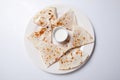 Quesadilla with beef and chicken on a white plate. quesadilla and sauce. Royalty Free Stock Photo