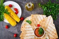 Quesadilla wrap with chicken, corn and sweet pepper and tomato sauce Royalty Free Stock Photo