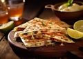 Quesadillas with cheese and chicken on table with limes.Macro.AI Generative