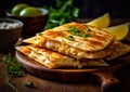 Quesadillas with cheese and chicken on table with limes.Macro.AI Generative