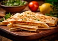 Quesadillas with cheese and sauce on wooden board.Macro.AI Generative