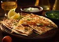 Quesadillas with cheese on wooden board with tequila and sauce.Macro.AI Generative