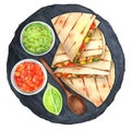 Quesadillas served with salsa and guacamole on stone plate