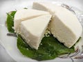 Queso fresco served on a natural leaf.