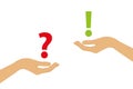 Question and answer change concept with human hands