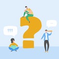 Question and answer concept illustration of young people standing near letters and using smart phone, laptop and digital tablet Royalty Free Stock Photo