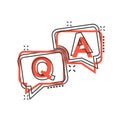 Question and answer icon in comic style. Discussion speech bubble vector cartoon illustration pictogram splash effect