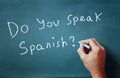 The question do you speak spanish written on chalkboard and male hand