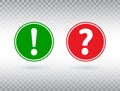 Question and exclamation mark icons set. Help sign and warning symbol. FAQ symbol on transparent background. Red and Royalty Free Stock Photo