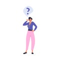 Question gesture emotion vector illustration, wondered woman in glasses thinking, doubting character isolated on white
