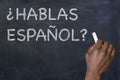 Question `Hablas Espanol?` on a blackboard
