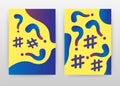 Question and hashtag blue geometric cartoon signs on yellow design for annual report, brochure, flyer, leaflet, poster. Question,