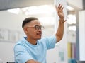 Question, learning and black man raise hand for education, knowledge growth and answer in a lecture. University student Royalty Free Stock Photo