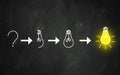 Question mark became Light bulb. Growing Idea Process Concept,   doodle art using light bulb illustration  on chalkboard Royalty Free Stock Photo