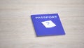 Question mark on blue international passport table, travel document, citizenship