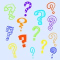 Question mark. Colorful doodle interrogation symbols. Search solution or answer. Doubt and thing hand drawn signs. FAQ