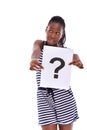 Question mark, confused or black woman with sign or doubt for decision, ideas or problem solving in studio. Thinking Royalty Free Stock Photo
