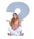 Question mark, confused and woman in studio with sign for ideas, decision and problem solving on mockup. Memory fail Royalty Free Stock Photo