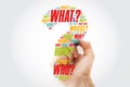 Question mark - Hand writing Questions whose answers are considered basic in information gathering or problem solving, word cloud