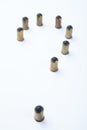 A question mark is laid out of rubber bullets and cartridges Royalty Free Stock Photo