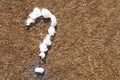 The question mark is lined with lumps of snow on yellow dry grass