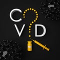 A question mark made of abstract covid vaccine drops and inscribed in the word COVID, a syringe and virus cells.