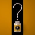 Question mark made from capsules and a white jar with an exclamation mark on a yellow and black background. Royalty Free Stock Photo