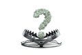 A question mark made from dollar bills in a large metal bear trap. The concept of mortgage, dirty money, bribe, corruption, easy