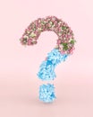 Question mark made of fresh Spring flowers adn cold ice. Nicely asked questions bring a positive answer. Flat lay on pastel pink