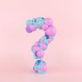 Question mark made of pastel colorful balloons. Nicely asked questions bring a positive answer. Flat lay on pastel pink background