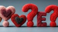 Question mark made of red hearts on bright background. Flat lay. Royalty Free Stock Photo