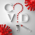 A question mark made of vaccine drops and inscribed in the word COVID, a syringe and virus cells.