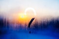 Question mark on a misted window during sunset - background